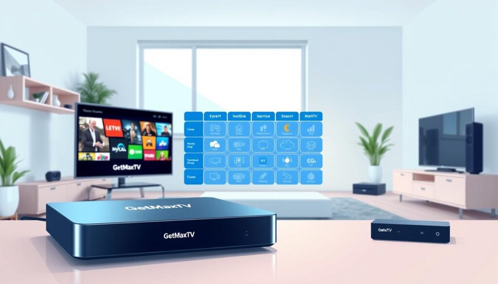A clean, modern illustration depicting an ultimate service comparison for streaming IPTV services in Alberta. In the foreground, a sleek digital device with the brand name "GetMaxTV" prominently displayed, showcasing vibrant streaming content on its screen. In the middle ground, an organized chart or infographic with icons representing various IPTV services, using a blue color scheme for consistency and clarity. The background features a minimalistic living room setup with a modern flat-screen TV and streaming accessories, softly illuminated by natural light coming from a window. The atmosphere is professional yet inviting, emphasizing the future of streaming in Alberta for 2026. Overall, a balanced composition focused on technology and modern lifestyle.