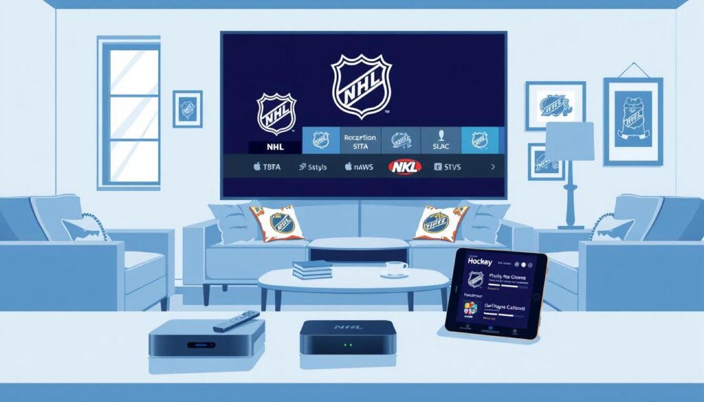 A clean, modern illustration of a living room setup showcasing a large flat-screen TV displaying NHL broadcast channels. In the foreground, sleek media devices like a streaming box and remote are arranged neatly on a stylish coffee table. The middle ground features a cozy couch adorned with NHL-themed cushions, set against a wall with framed hockey memorabilia. The background includes a window with natural light streaming in, enhancing the blue color scheme that evokes a sporty, energetic atmosphere. Incorporate subtle elements of technology and interactivity, like a tablet displaying the "GetMaxTV" logo and hockey streaming options. Aim for a professional yet inviting mood, with a focus on the accessibility of hockey broadcasts in a cable-free environment.