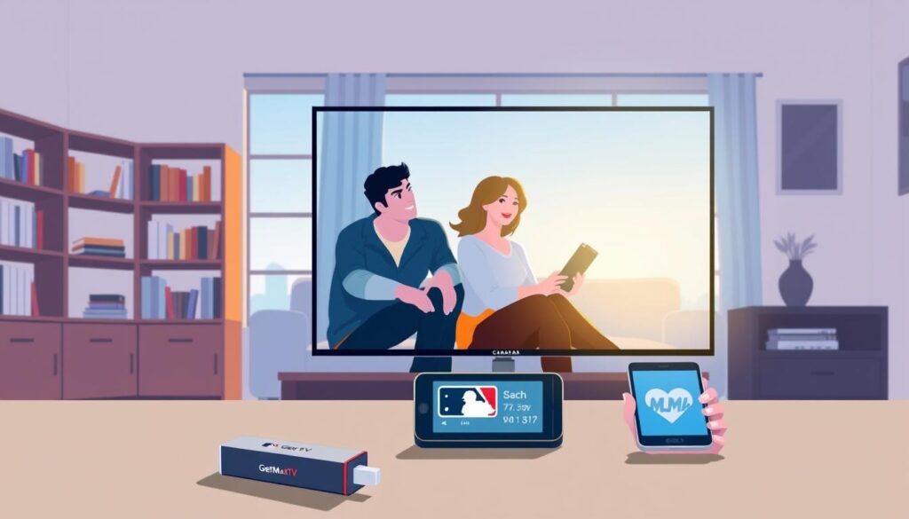 A clean, modern illustration showcasing streaming options for MLB games in Canada. In the foreground, feature a sleek, smart TV displaying the "GetMaxTV" logo, while various streaming devices like a streaming stick, tablet, and smartphone are placed around it. In the middle, depict a cozy living room setting with a couple of people in casual attire, engaged with the devices, their faces illuminated by the screen's soft glow. The background should feature a stylish bookshelf and window with a gentle blue sky visible outside, creating a calm atmosphere. Use bright, inviting lighting to evoke a sense of excitement about the streaming possibilities for sports fans in 2026. A clean, modern illustration showcasing streaming options for MLB games in Canada. In the foreground, feature a sleek, smart TV displaying the "GetMaxTV" logo, while various streaming devices like a streaming stick, tablet, and smartphone are placed around it. In the middle, depict a cozy living room setting with a couple of people in casual attire, engaged with the devices, their faces illuminated by the screen's soft glow. The background should feature a stylish bookshelf and window with a gentle blue sky visible outside, creating a calm atmosphere. Use bright, inviting lighting to evoke a sense of excitement about the streaming possibilities for sports fans in 2026.