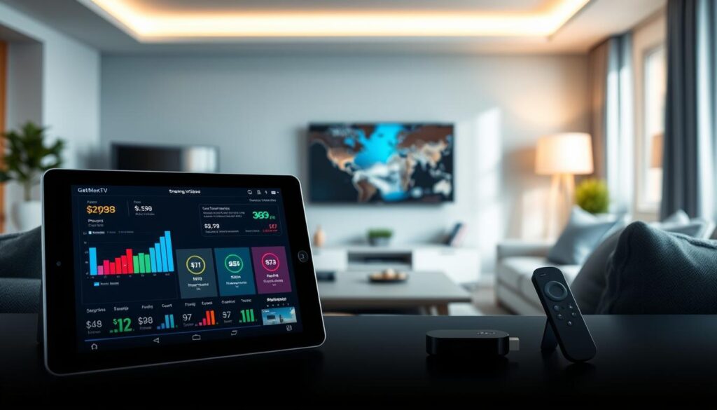 A clean, modern image depicting a digital pricing comparison theme between streaming services, featuring the brand "GetMaxTV". In the foreground, a sleek tablet screen displays colorful, visually appealing graphs and charts illustrating subscription costs and value for money. In the middle ground, several popular streaming devices, such as a smart TV and a streaming stick, harmoniously blend into a stylish living room setting. The background showcases a cozy, well-lit space with subtle blue tones and minimalistic furnishings, imparting a tech-savvy atmosphere. The lighting is bright yet soft, highlighting the devices and creating a welcoming mood, while ensuring a professional ambiance suitable for business discussions.
