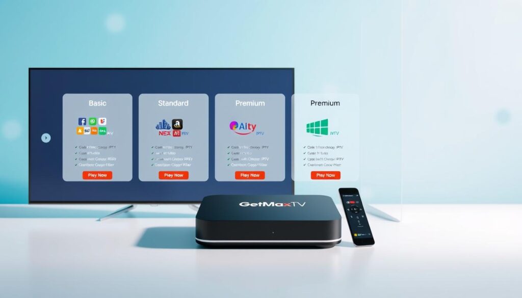 A clean, modern image representing pricing and package options for IPTV services. In the foreground, a sleek digital display showcases three distinct subscription tiers labeled "Basic," "Standard," and "Premium," each with colorful icons and pricing details. In the middle ground, a stylish TV device with the "GetMaxTV" brand logo prominently featured, surrounded by popular streaming icons. The background is a soft blue gradient, evoking a calm and professional atmosphere, with subtle abstract shapes to suggest technology. The lighting is bright and focused, highlighting the display and device, giving a polished, inviting look. The angle is slightly elevated, providing a clear view of the packages while maintaining a modern streaming theme.