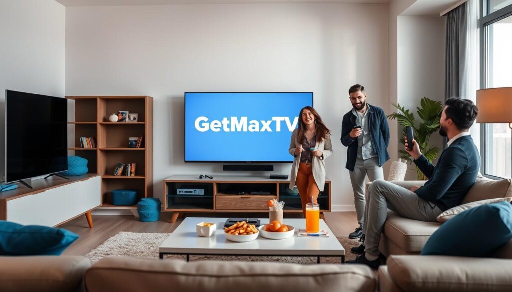 A clean modern living room featuring a sleek entertainment center with a large flat-screen TV prominently displaying the brand logo "GetMaxTV". In the foreground, a diverse group of three people, two men and one woman, are joyfully interacting with streaming devices and a remote control, dressed in smart-casual attire. In the middle ground, a stylish coffee table holds snacks and drinks, emphasizing a cozy viewing atmosphere. The background reveals a well-lit room with large windows, providing a bright, airy feel, with blue accents decorating the space. Soft lighting casts a warm glow, enhancing the friendly and inviting mood, perfect for enjoying television shows without cable. The scene captures the essence of modern streaming experiences in Canada. A clean modern living room featuring a sleek entertainment center with a large flat-screen TV prominently displaying the brand logo "GetMaxTV". In the foreground, a diverse group of three people, two men and one woman, are joyfully interacting with streaming devices and a remote control, dressed in smart-casual attire. In the middle ground, a stylish coffee table holds snacks and drinks, emphasizing a cozy viewing atmosphere. The background reveals a well-lit room with large windows, providing a bright, airy feel, with blue accents decorating the space. Soft lighting casts a warm glow, enhancing the friendly and inviting mood, perfect for enjoying television shows without cable. The scene captures the essence of modern streaming experiences in Canada.