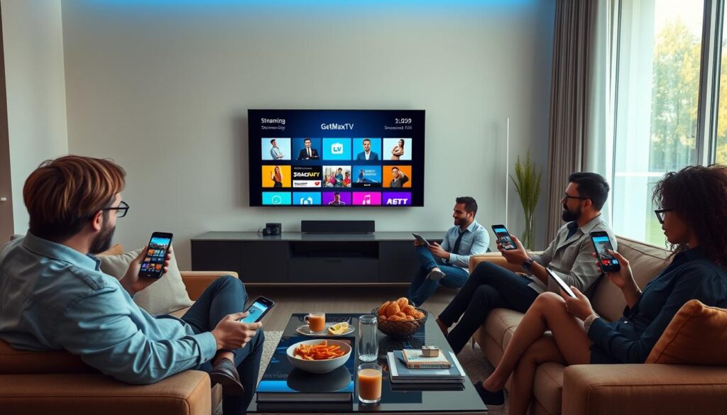 A clean, modern living room featuring a sleek television displaying the "GetMaxTV" interface with vibrant streaming options. In the foreground, a diverse group of three individuals, casually dressed in professional attire, are seated on a stylish couch, engaged with their smartphones and tablets, showcasing various streaming apps. The middle ground includes a coffee table with snacks and drinks, contributing to a relaxed atmosphere. Soft blue lighting cascades over the scene, casting a calming glow. In the background, large windows reveal a bright, sunny day outside, enhancing the feeling of connectivity and accessibility. Emphasize a sense of convenience and enjoyment in the remote viewing experience, while maintaining a minimalist aesthetic. A clean, modern living room featuring a sleek television displaying the "GetMaxTV" interface with vibrant streaming options. In the foreground, a diverse group of three individuals, casually dressed in professional attire, are seated on a stylish couch, engaged with their smartphones and tablets, showcasing various streaming apps. The middle ground includes a coffee table with snacks and drinks, contributing to a relaxed atmosphere. Soft blue lighting cascades over the scene, casting a calming glow. In the background, large windows reveal a bright, sunny day outside, enhancing the feeling of connectivity and accessibility. Emphasize a sense of convenience and enjoyment in the remote viewing experience, while maintaining a minimalist aesthetic.