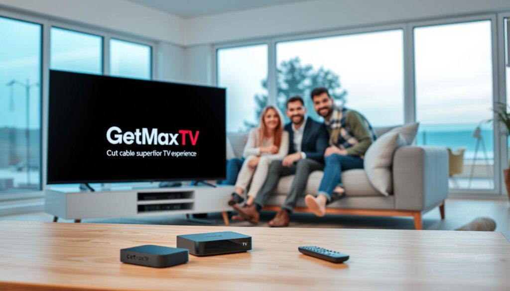 A clean modern living room scene highlighting the benefits of cutting cable for a superior TV experience. In the foreground, a sleek, stylish television displaying the GetMaxTV logo, surrounded by various streaming devices like a smart box and remote controls. The middle ground features a comfortable couch with a family of four, all dressed in smart casual attire, enjoying a movie night together; their expressions radiate joy and satisfaction. The background showcases a well-lit room with large windows providing a glimpse of a serene outdoor environment, painted in shades of blue, enhancing the calming atmosphere. Soft, diffused lighting creates a welcoming ambiance, and the composition uses a balanced angle to emphasize the interconnectedness of family, entertainment, and modern technology. A clean modern living room scene highlighting the benefits of cutting cable for a superior TV experience. In the foreground, a sleek, stylish television displaying the GetMaxTV logo, surrounded by various streaming devices like a smart box and remote controls. The middle ground features a comfortable couch with a family of four, all dressed in smart casual attire, enjoying a movie night together; their expressions radiate joy and satisfaction. The background showcases a well-lit room with large windows providing a glimpse of a serene outdoor environment, painted in shades of blue, enhancing the calming atmosphere. Soft, diffused lighting creates a welcoming ambiance, and the composition uses a balanced angle to emphasize the interconnectedness of family, entertainment, and modern technology.