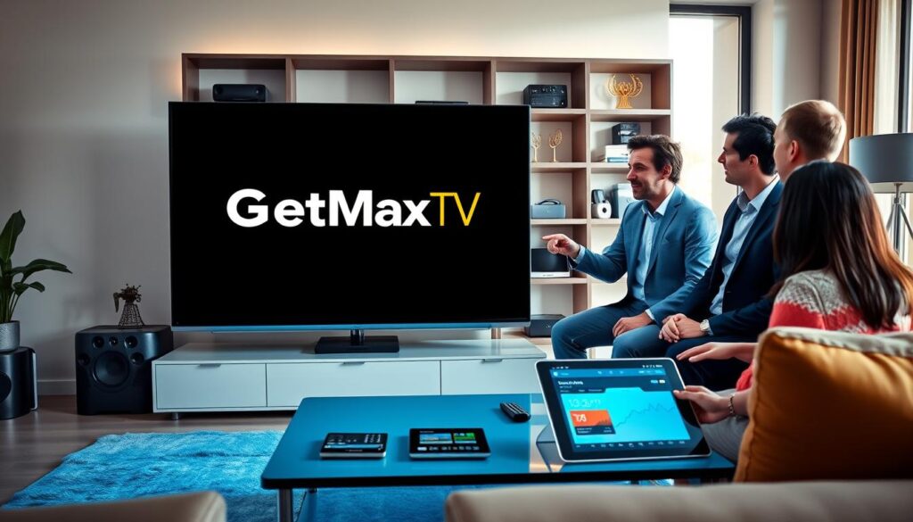 A clean, modern living room setting featuring a large, ultra-HD smart TV displaying the "GetMaxTV" logo prominently on the screen. In the foreground, a diverse group of three professionals dressed in smart casual attire are engaged in a lively discussion, with one pointing towards the TV. The middle layer features a sleek coffee table with streaming devices like a remote and a tablet showing performance analytics in real-time, surrounded by a calm blue color scheme. The background has soft-focus shelves with neatly arranged tech gadgets and streaming awards, softly illuminated by warm natural light filtering through large windows, creating a comfortable atmosphere. The overall mood is one of collaboration and excitement about streaming quality, uptime, and performance.