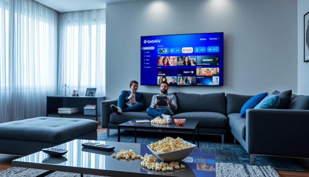 A clean, modern living room setup designed for streaming, featuring a sleek TV displaying the blue-themed interface of "GetMaxTV," showcasing various CBC Gem streaming options. In the foreground, a stylish coffee table adorned with a remote control, popcorn, and a tablet. The middle features a cozy couch with a person in smart casual clothing, engaged in selecting shows. In the background, a large window allows soft, natural light to filter in, highlighting the contemporary decor with hints of blue accents. The atmosphere is inviting and relaxed, projecting a sense of comfort and enjoyment of streaming CBC content without cable. The image captures the essence of modern entertainment.