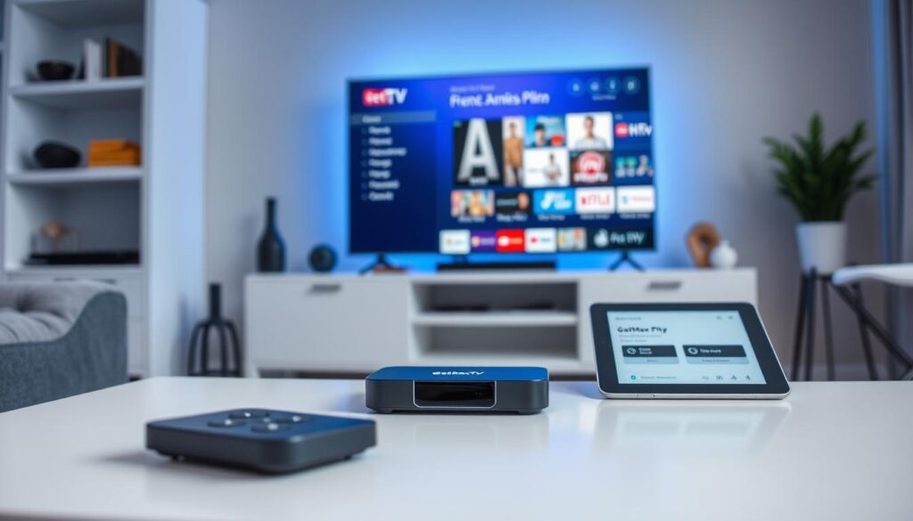 A clean, modern living room setup featuring a sleek streaming device prominently displayed, with the brand name "GetMaxTV" visible. In the foreground, show a stylish TV stand with technology-friendly decor, including a remote control and a tablet showing subscription plan options. The middle layer should include the television screen displaying a vibrant interface of French Canadian channels, showcasing various content options. In the background, soft, ambient blue lighting sets a calm, inviting atmosphere. Use a shallow depth of field to emphasize the streaming device and subscription plan details. Capture the scene from a mid-angle viewpoint that creates a sense of depth and focus, evoking a sense of excitement about modern streaming options in 2026. A clean, modern living room setup featuring a sleek streaming device prominently displayed, with the brand name "GetMaxTV" visible. In the foreground, show a stylish TV stand with technology-friendly decor, including a remote control and a tablet showing subscription plan options. The middle layer should include the television screen displaying a vibrant interface of French Canadian channels, showcasing various content options. In the background, soft, ambient blue lighting sets a calm, inviting atmosphere. Use a shallow depth of field to emphasize the streaming device and subscription plan details. Capture the scene from a mid-angle viewpoint that creates a sense of depth and focus, evoking a sense of excitement about modern streaming options in 2026.