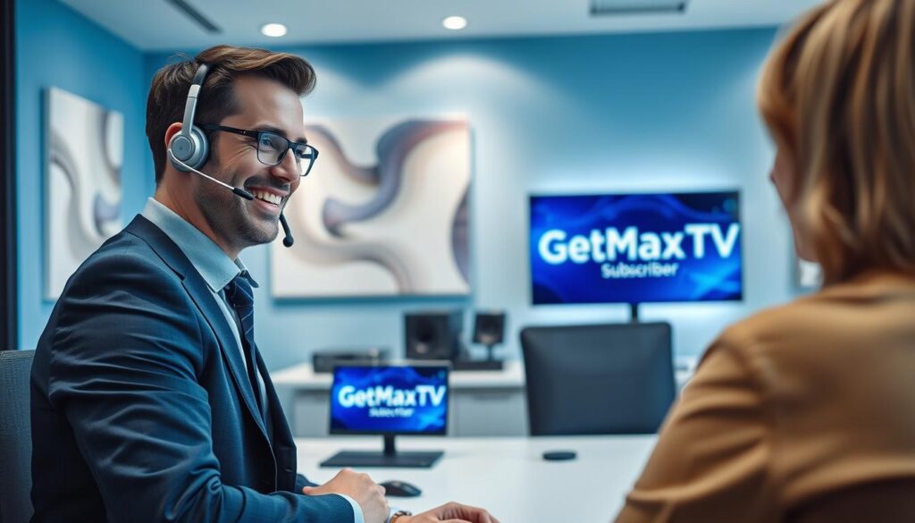 A clean, modern office setting as the foreground, featuring a friendly customer support representative in professional business attire, attentively engaging with a customer over a sleek headset. The middle ground shows a well-lit desk equipped with streaming devices and a large TV displaying the GetMaxTV logo prominently. In the background, a blue color scheme enhances the theme, with abstract tech-inspired artwork and soft diffused lighting creating a calm and inviting atmosphere. The representative is smiling, reflecting a positive real-world subscriber support experience, while the customer, not shown but implied through the representative’s focus, creates a sense of engagement. The angle should be slightly elevated, capturing both the interaction and the clean modern design elements. A clean, modern office setting as the foreground, featuring a friendly customer support representative in professional business attire, attentively engaging with a customer over a sleek headset. The middle ground shows a well-lit desk equipped with streaming devices and a large TV displaying the GetMaxTV logo prominently. In the background, a blue color scheme enhances the theme, with abstract tech-inspired artwork and soft diffused lighting creating a calm and inviting atmosphere. The representative is smiling, reflecting a positive real-world subscriber support experience, while the customer, not shown but implied through the representative’s focus, creates a sense of engagement. The angle should be slightly elevated, capturing both the interaction and the clean modern design elements.