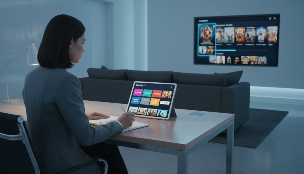 A clean, modern office setting, with a stylish desk in the foreground showcasing a sleek tablet displaying the GetMaxTV interface, featuring a vibrant channel lineup and various on-demand content options. In the middle ground, a person in professional business attire, a woman with dark hair, thoughtfully evaluates the tablet while taking notes on a notepad. The background features a contemporary living room with a large flat-screen TV showing a dynamic menu of cinema options. Soft, cool blue lighting creates a tech-savvy atmosphere, with reflections of the TV's glow flickering on the walls. The image captures a sense of professionalism and modern convenience in content evaluation.