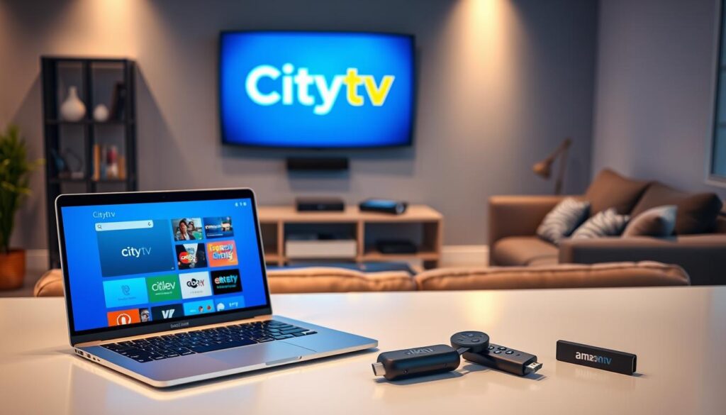 A clean, modern streaming setup for watching Citytv without cable, emphasizing a blue color scheme. In the foreground, a sleek desk featuring a high-tech laptop displaying the GetMaxTV interface, alongside a tablet and smartphone, all streaming content. In the middle ground, a stylish television mounted on the wall showcasing Citytv’s logo, with streaming devices like a Roku and an Amazon Fire Stick elegantly arranged below. The background features a cozy living room with a comfortable couch, soft lighting creating a warm, inviting atmosphere. The scene is captured from a slight angle to maintain depth, with a focus on the clarity of the devices. This visually engaging setup conveys the idea of modern, accessible streaming solutions.