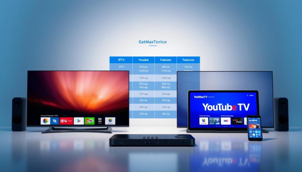 A clean, modern visual representation of a streaming service pricing comparison, featuring two distinct sections for "IPTV" and "YouTube TV," each highlighted in the design. The foreground displays sleek, minimalist digital devices like smart TVs and tablets showing vibrant UI screens with streaming interfaces. The middle layer presents a clear, organized table illustrating pricing and features, designed using a blue color scheme with elegant graphics. In the background, a soft gradient creates a calming atmosphere, complementing the overall theme. The lighting is bright yet soft, enhancing readability and attracting attention. The brand name "GetMaxTV" is subtly integrated within the layout, emphasizing the focus on streaming services. The composition should evoke a sense of professionalism and clarity, aimed at guiding viewers through the comparison.