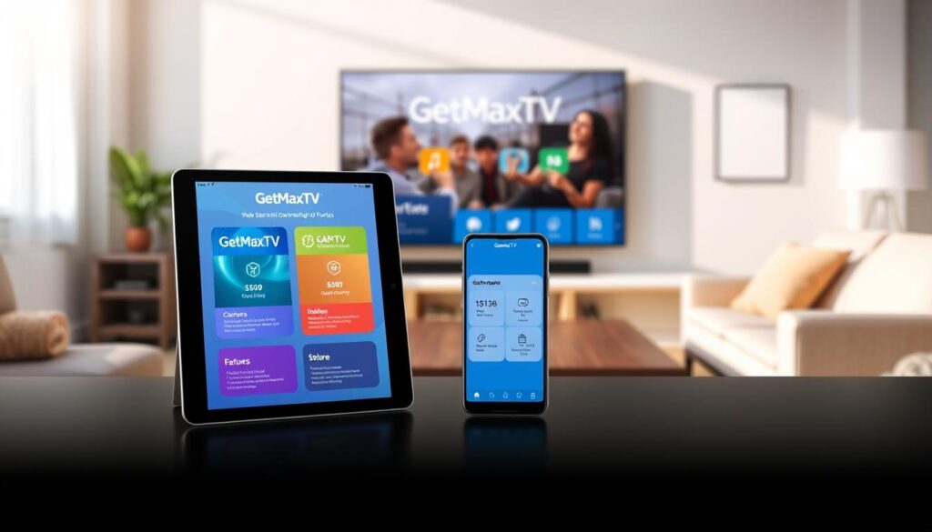 A sleek, modern composition showing a digital display showcasing "GetMaxTV" pricing and features for streaming services. In the foreground, a stylish tablet and smartphone display vibrant graphics representing various subscription tiers and features. The middle layer features a minimalist dashboard design with icons for content categories, streaming quality, and device compatibility, all within a clean blue color scheme. The background consists of a softly blurred living room setting, showcasing a large flat-screen TV and cozy seating, creating a welcoming atmosphere. The lighting is bright and inviting, suggesting a tech-savvy home environment, while the overall mood is professional yet accessible, appealing to consumers in 2026.