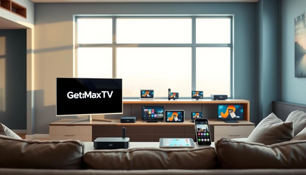 A sleek modern living room set up for seamless streaming, featuring a stylish flat-screen smart TV prominently in the foreground, displaying the "GetMaxTV" logo. In the middle, an array of supported devices such as a streaming box, tablet, and smartphone are neatly arranged on a contemporary media console, showing vibrant user interfaces. The background features a large window with soft natural light streaming in, illuminating the space and creating a warm atmosphere. The walls are painted in serene shades of blue, enhancing the modern aesthetic. A comfortable couch with plush cushions invites relaxation. Capture the scene from a slightly elevated angle to emphasize the devices and the cozy environment, evoking a sense of convenience and modern living for streaming enthusiasts. A sleek modern living room set up for seamless streaming, featuring a stylish flat-screen smart TV prominently in the foreground, displaying the "GetMaxTV" logo. In the middle, an array of supported devices such as a streaming box, tablet, and smartphone are neatly arranged on a contemporary media console, showing vibrant user interfaces. The background features a large window with soft natural light streaming in, illuminating the space and creating a warm atmosphere. The walls are painted in serene shades of blue, enhancing the modern aesthetic. A comfortable couch with plush cushions invites relaxation. Capture the scene from a slightly elevated angle to emphasize the devices and the cozy environment, evoking a sense of convenience and modern living for streaming enthusiasts.