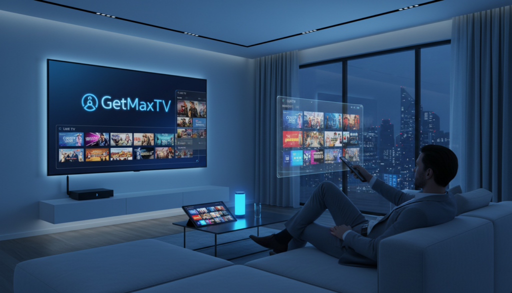 A sleek, modern living room setting featuring a large flat-screen TV displaying the 'GetMaxTV' logo prominently. In the foreground, a person in professional business attire is seated comfortably on a stylish couch, browsing through an interactive interface showcasing a vast selection of channels and Video On Demand (VOD) offerings, with colorful thumbnails of various shows and movies. The middle ground includes neatly arranged streaming devices like a stylish set-top box and a tablet. In the background, ambient blue lighting creates a calming atmosphere, enhancing the modern aesthetic. The scene should convey a sense of convenience and excitement associated with a top IPTV provider, captured from a slightly angled perspective to emphasize the content displayed on the TV screen. The overall mood is inviting and tech-savvy.