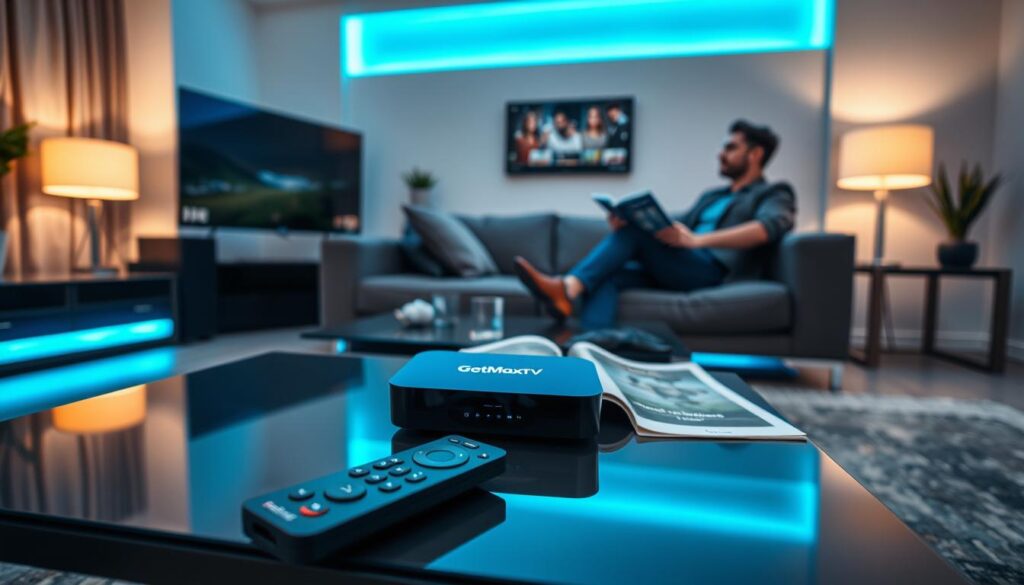 A sleek, modern living room setting featuring a stylish streaming device prominently displaying the "GetMaxTV" logo. In the foreground, a contemporary coffee table with a remote control and an open guide to setting up streaming services. The middle ground showcases a comfortable couch with a user watching TV, dressed in casual yet professional attire, looking engaged with the device. In the background, soft ambient lighting highlights bright blue accents throughout the room, adding a high-tech feel. The scene is well-lit with a warm glow from side lamps, focusing on creating an inviting atmosphere. The angle is slightly elevated to capture a broad view of the room, emphasizing the theme of modern streaming technology. A sleek, modern living room setting featuring a stylish streaming device prominently displaying the "GetMaxTV" logo. In the foreground, a contemporary coffee table with a remote control and an open guide to setting up streaming services. The middle ground showcases a comfortable couch with a user watching TV, dressed in casual yet professional attire, looking engaged with the device. In the background, soft ambient lighting highlights bright blue accents throughout the room, adding a high-tech feel. The scene is well-lit with a warm glow from side lamps, focusing on creating an inviting atmosphere. The angle is slightly elevated to capture a broad view of the room, emphasizing the theme of modern streaming technology.
