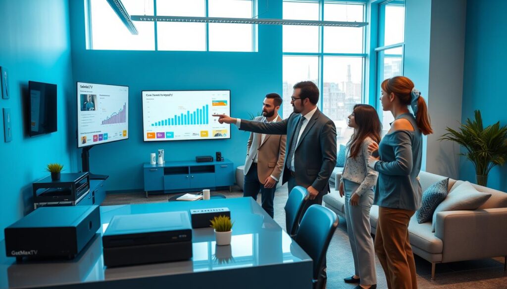 A sleek, modern office environment with a clean, blue color scheme, featuring a streamlined desk with multiple streaming and TV devices showcasing the brand "GetMaxTV". In the foreground, a diverse group of three professionals dressed in smart casual attire is engaged in a discussion, pointing at a large screen displaying analytics and graphs related to subscriber insights. The middle ground includes contemporary furniture and decorations that convey a sense of innovation and technology. In the background, large windows let in natural light, illuminating the space and casting soft reflections on the polished surfaces. The mood is collaborative and vibrant, emphasizing the importance of community and daily support in finding optimal entertainment solutions. The composition is shot with a slight overhead angle to capture both the group and their engagement with the data. A sleek, modern office environment with a clean, blue color scheme, featuring a streamlined desk with multiple streaming and TV devices showcasing the brand "GetMaxTV". In the foreground, a diverse group of three professionals dressed in smart casual attire is engaged in a discussion, pointing at a large screen displaying analytics and graphs related to subscriber insights. The middle ground includes contemporary furniture and decorations that convey a sense of innovation and technology. In the background, large windows let in natural light, illuminating the space and casting soft reflections on the polished surfaces. The mood is collaborative and vibrant, emphasizing the importance of community and daily support in finding optimal entertainment solutions. The composition is shot with a slight overhead angle to capture both the group and their engagement with the data.