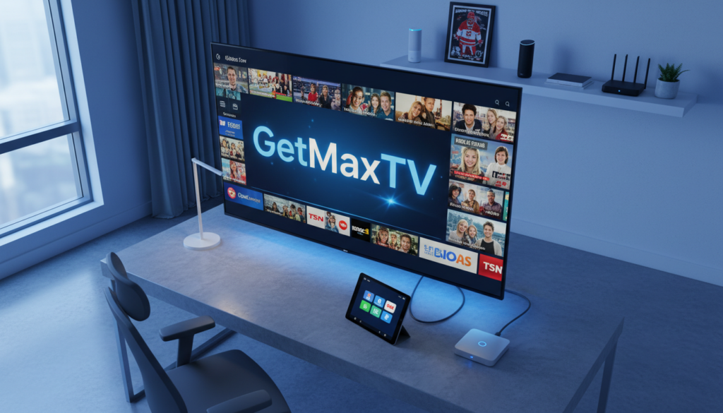 A sleek, modern workspace showcasing essential features for IPTV services in Canada. In the foreground, a high-definition television displaying the logo "GetMaxTV" with vibrant streaming content visible on the screen. The middle ground features a stylish tablet and streaming device, symbolizing easy access to diverse channels. A UI interface with a user-friendly layout can be subtly depicted to hint at intuitive navigation. The background includes a minimalist shelf with various smart devices and entertainment memorabilia. The atmosphere is bright and inviting, illuminated by soft blue lighting that enhances the tech theme, evoking a sense of innovation and excitement for the future of viewing entertainment. Angle the scene for a slight bird’s-eye view to include all elements cohesively.