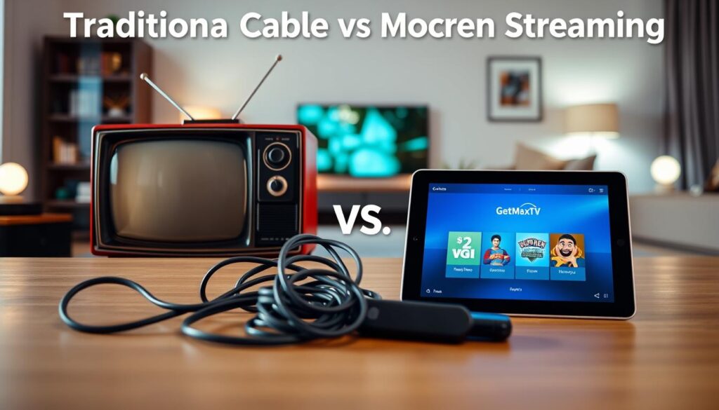 A visually striking comparison image showcasing "Traditional Cable vs Modern Streaming" in a clean, modern style. In the foreground, a vintage television set symbolizing traditional cable with dials and antennas, emitting a soft warm glow. In contrast, on the opposite side, a sleek tablet displaying a vibrant streaming interface, illuminated with a cool blue hue, labeled "GetMaxTV". The middle ground features an eye-catching split, with elements like tangled cables on one side and wireless streaming devices on the other. The background is softly blurred, hinting at a living room atmosphere, with stylish decor and ambient lighting. The mood should feel inviting yet informative, emphasizing the evolution from traditional to modern viewing experiences. A visually striking comparison image showcasing "Traditional Cable vs Modern Streaming" in a clean, modern style. In the foreground, a vintage television set symbolizing traditional cable with dials and antennas, emitting a soft warm glow. In contrast, on the opposite side, a sleek tablet displaying a vibrant streaming interface, illuminated with a cool blue hue, labeled "GetMaxTV". The middle ground features an eye-catching split, with elements like tangled cables on one side and wireless streaming devices on the other. The background is softly blurred, hinting at a living room atmosphere, with stylish decor and ambient lighting. The mood should feel inviting yet informative, emphasizing the evolution from traditional to modern viewing experiences.