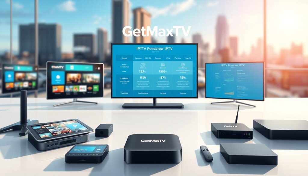 Create a clean, modern illustration highlighting an IPTV provider comparison, featuring the brand name "GetMaxTV" prominently. In the foreground, display various streaming devices such as smart TVs, tablets, and streaming boxes laid out on a sleek surface, with vibrant screens showcasing user interfaces and channel lists. In the middle ground, include infographics comparing features like pricing, content variety, and user satisfaction ratings from other leading IPTV providers, using a harmonious blue color palette. In the background, integrate a blurred city skyline, suggesting a tech-savvy urban environment. Use bright, natural lighting to convey a sense of innovation and excitement, and employ a wide-angle lens for a dynamic perspective. The overall mood should be informative and visually engaging, emphasizing clarity and professionalism.