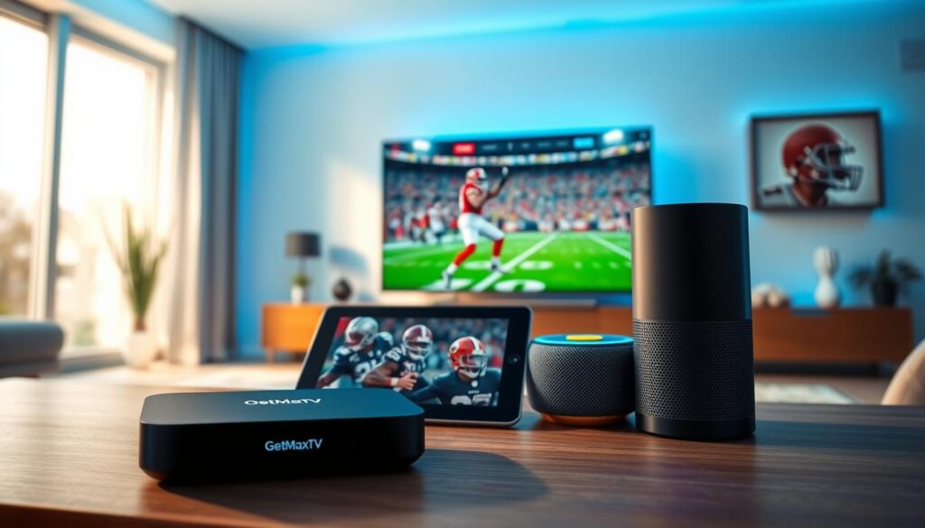 In a clean, modern setting, showcase a variety of streaming devices designed for sports, prominently featuring the brand name "GetMaxTV." In the foreground, include a sleek streaming box and a smart TV displaying a vibrant NFL game. In the middle, arrange a tablet and a smart speaker, both integrated into the scene with a subtle glow to signify connectivity. The background should feature a stylish living room with soft blue ambient lighting, creating a cozy atmosphere. A large window lets in natural light, highlighting the modern design. Use a shallow depth of field to keep the focus on the devices while softly blurring the background. Aim for an inviting and tech-savvy mood, perfect for sports enthusiasts looking to enhance their streaming experience.